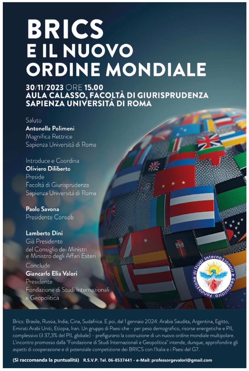 A Roma si terrà un evento nato dalla Fondazione di Studi Internazionale e Geopolitica: “Brics e il nuovo ordine mondiale”